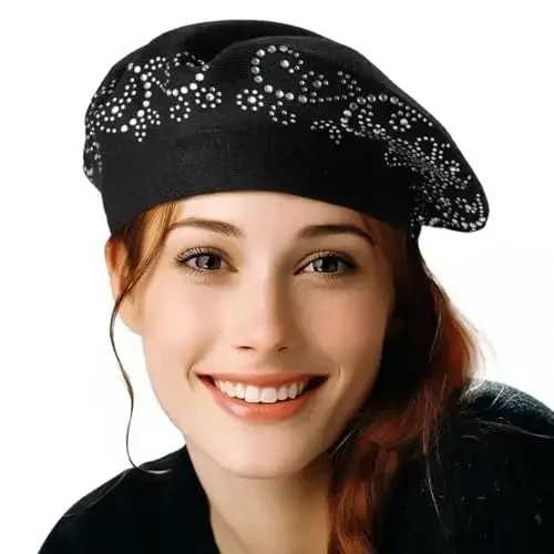 LADYBRO Rhinestone Beret Hats for Women 2 Layers Wool French Knit Cap Lady Winter Black - LADYBRO