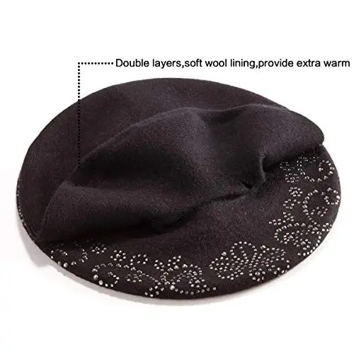 LADYBRO Rhinestone Beret Hats for Women 2 Layers Wool French Knit Cap Lady Winter Black - 3