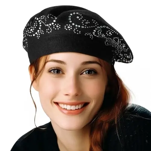 LADYBRO Rhinestone Beret Hats for Women 2 Layers Wool French Knit Cap Lady Winter Black - 1
