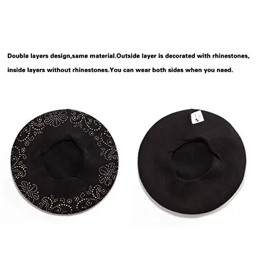 LADYBRO Rhinestone Beret Hats for Women 2 Layers Wool French Knit Cap Lady Winter Black - LADYBRO (1)