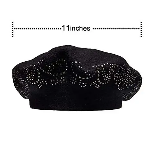 LADYBRO Rhinestone Beret Hats for Women 2 Layers Wool French Knit Cap Lady Winter Black - 5