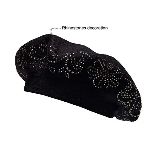 LADYBRO Rhinestone Beret Hats for Women 2 Layers Wool French Knit Cap Lady Winter Black - 6