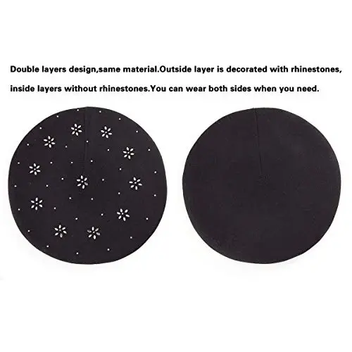 LADYBRO Rhinestone Beret Hats for Women 2 Layers Wool French Knit Cap Lady Winter Black - LADYBRO (1)
