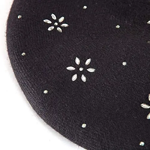 LADYBRO Rhinestone Beret Hats for Women 2 Layers Wool French Knit Cap Lady Winter Black - 6