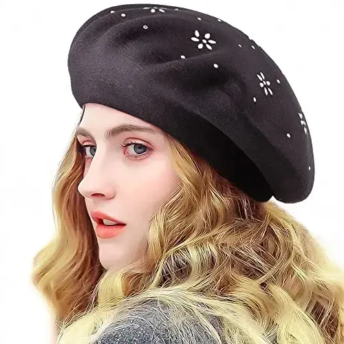 LADYBRO Rhinestone Beret Hats for Women 2 Layers Wool French Knit Cap Lady Winter Black - 1
