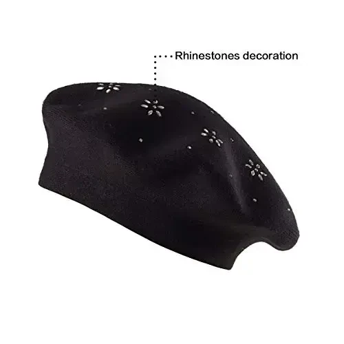 LADYBRO Rhinestone Beret Hats for Women 2 Layers Wool French Knit Cap Lady Winter Black - 5