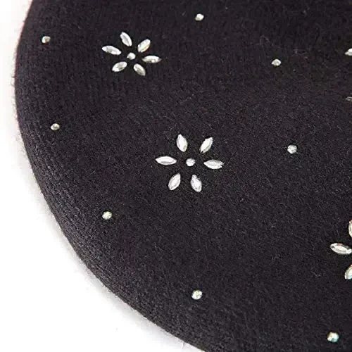 LADYBRO Rhinestone Beret Hats for Women 2 Layers Wool French Knit Cap Lady Winter Black - 6