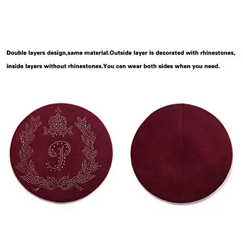 LADYBRO Rhinestone Beret Hats for Women 2 Layers Wool French Knit Cap Lady Winter Black - LADYBRO (1)