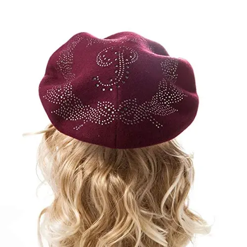 LADYBRO Rhinestone Beret Hats for Women 2 Layers Wool French Knit Cap Lady Winter Black - 4