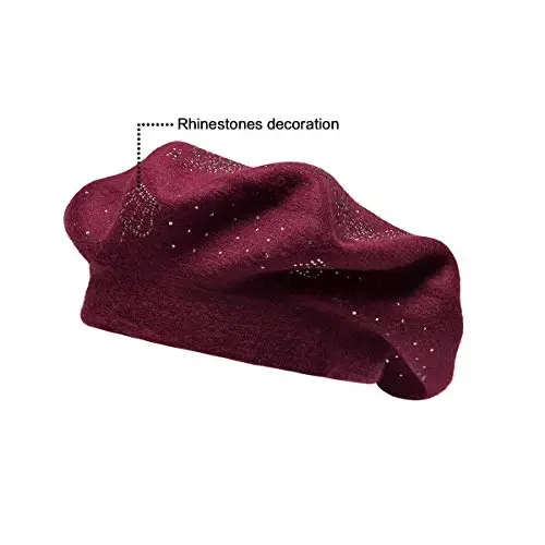 LADYBRO Rhinestone Beret Hats for Women 2 Layers Wool French Knit Cap Lady Winter Black - 6