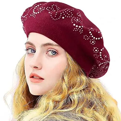 LADYBRO Rhinestone Beret Hats for Women 2 Layers Wool French Knit Cap Lady Winter 