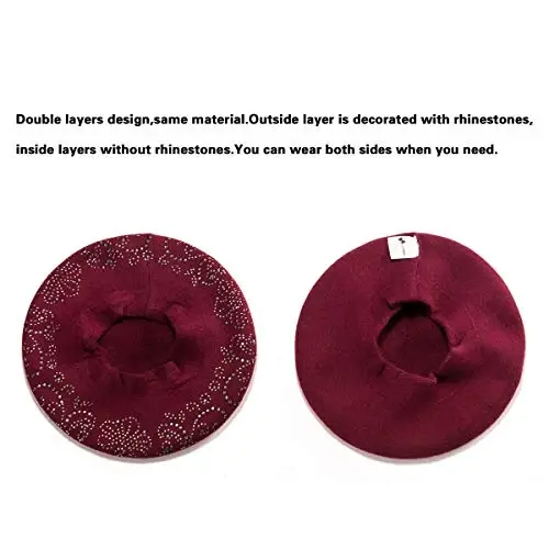 LADYBRO Rhinestone Beret Hats for Women 2 Layers Wool French Knit Cap Lady Winter Black - 2