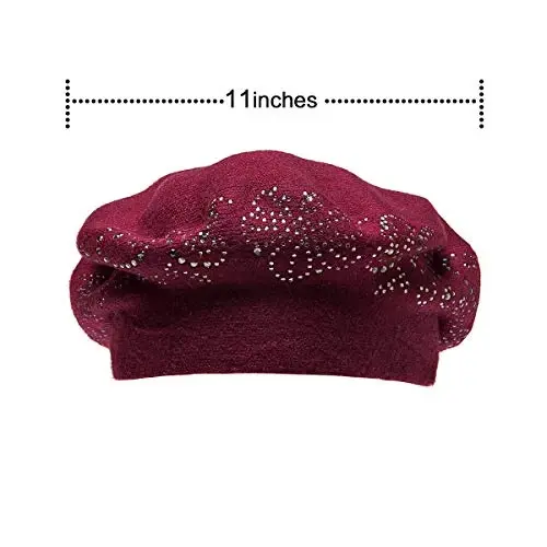 LADYBRO Rhinestone Beret Hats for Women 2 Layers Wool French Knit Cap Lady Winter Black - 6