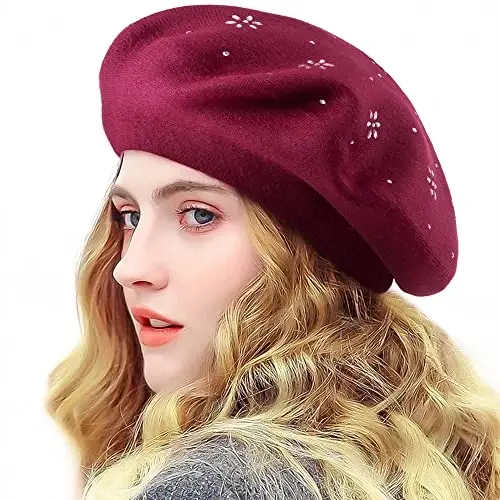 LADYBRO Rhinestone Beret Hats for Women 2 Layers Wool French Knit Cap Lady Winter - 1