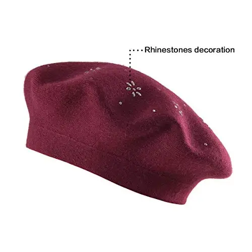 LADYBRO Rhinestone Beret Hats for Women 2 Layers Wool French Knit Cap Lady Winter - 2