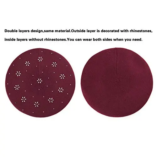 LADYBRO Rhinestone Beret Hats for Women 2 Layers Wool French Knit Cap Lady Winter - 4