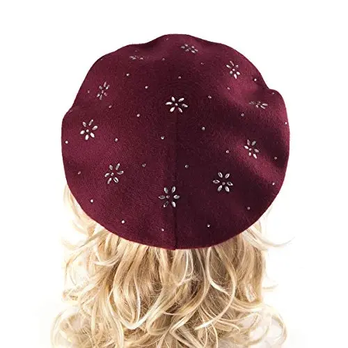 LADYBRO Rhinestone Beret Hats for Women 2 Layers Wool French Knit Cap Lady Winter - 6