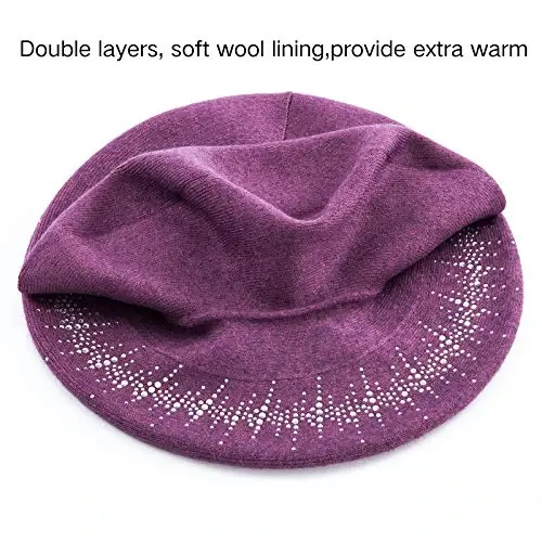 LADYBRO Rhinestone Beret Hats for Women 2 Layers Wool French Knit Cap Lady Winter - 3