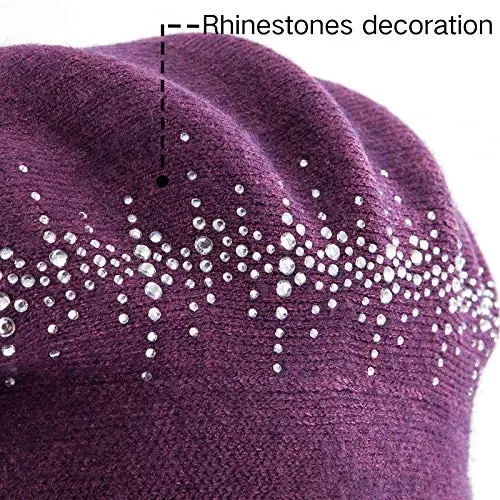 LADYBRO Rhinestone Beret Hats for Women 2 Layers Wool French Knit Cap Lady Winter - 4