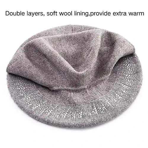 LADYBRO Rhinestone Beret Hats for Women 2 Layers Wool French Knit Cap Lady Winter - 3