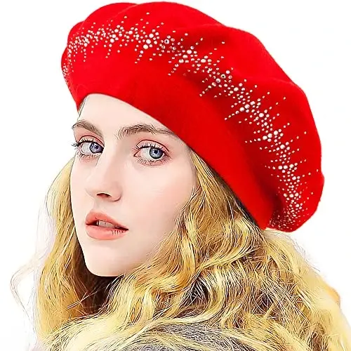 LADYBRO Rhinestone Beret Hats for Women 2 Layers Wool French Knit Cap Lady Winter - 1