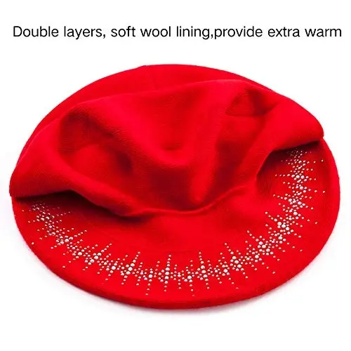LADYBRO Rhinestone Beret Hats for Women 2 Layers Wool French Knit Cap Lady Winter - 3
