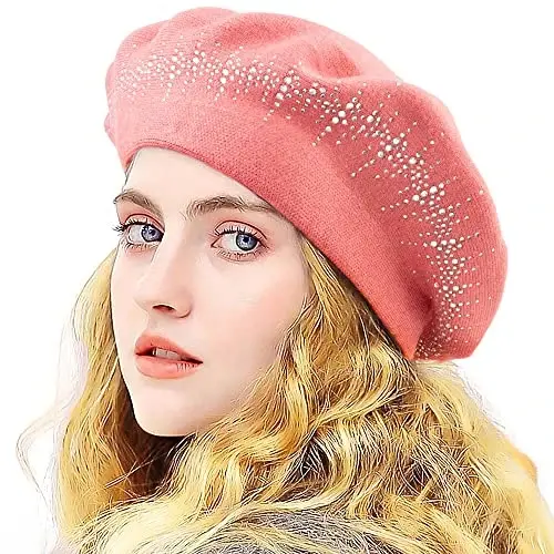 LADYBRO Rhinestone Beret Hats for Women 2 Layers Wool French Knit Cap Lady Winter - 1