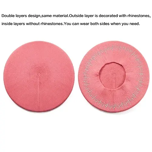 LADYBRO Rhinestone Beret Hats for Women 2 Layers Wool French Knit Cap Lady Winter Black - 2