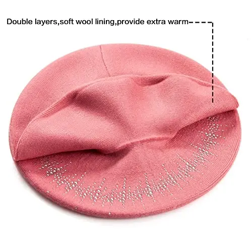 LADYBRO Rhinestone Beret Hats for Women 2 Layers Wool French Knit Cap Lady Winter Black - 3