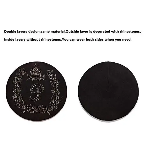 LADYBRO Rhinestone Beret Hats for Women 2 Layers Wool French Knit Cap Lady Winter Black - LADYBRO (1)