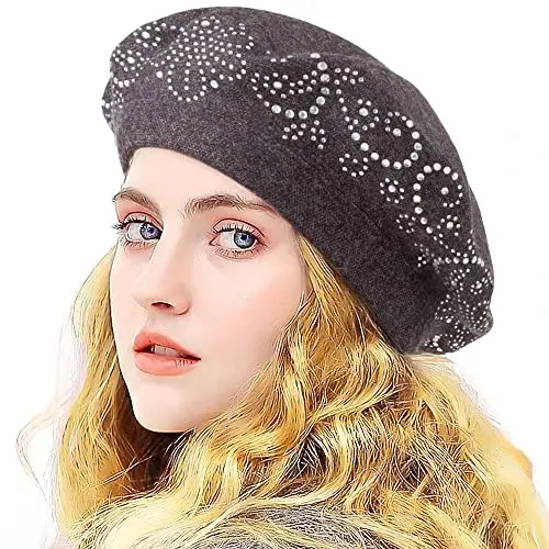 LADYBRO Rhinestone Beret Hats for Women 2 Layers Wool French Knit Cap Lady Winter 