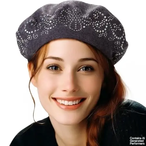 LADYBRO Rhinestone Beret Hats for Women 2 Layers Wool French Knit Cap Lady Winter - LADYBRO (1)
