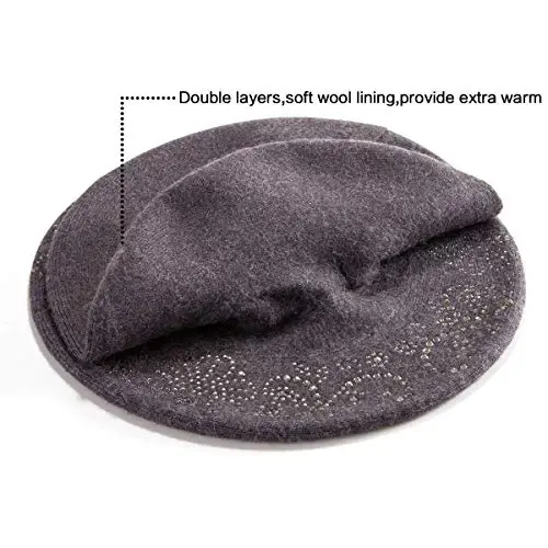LADYBRO Rhinestone Beret Hats for Women 2 Layers Wool French Knit Cap Lady Winter - 4