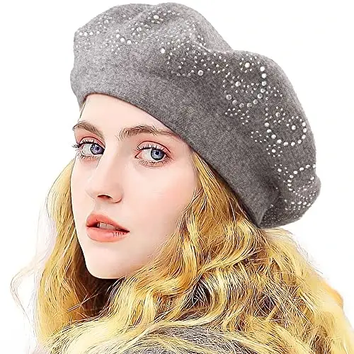 LADYBRO Rhinestone Beret Hats for Women 2 Layers Wool French Knit Cap Lady Winter 
