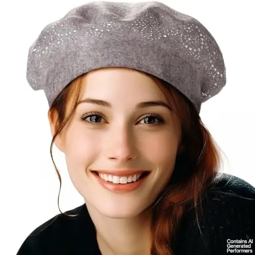 LADYBRO Rhinestone Beret Hats for Women 2 Layers Wool French Knit Cap Lady Winter - LADYBRO (1)