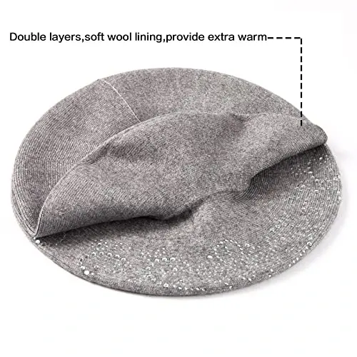 LADYBRO Rhinestone Beret Hats for Women 2 Layers Wool French Knit Cap Lady Winter - 4