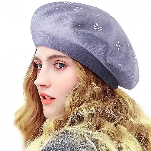 LADYBRO Rhinestone Beret Hats for Women 2 Layers Wool French Knit Cap Lady Winter 