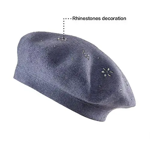 LADYBRO Rhinestone Beret Hats for Women 2 Layers Wool French Knit Cap Lady Winter - 4