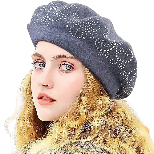 LADYBRO Rhinestone Beret Hats for Women 2 Layers Wool French Knit Cap Lady Winter 