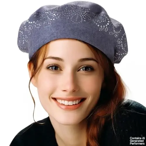 LADYBRO Rhinestone Beret Hats for Women 2 Layers Wool French Knit Cap Lady Winter - LADYBRO (1)