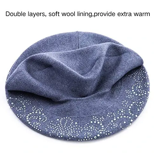 LADYBRO Rhinestone Beret Hats for Women 2 Layers Wool French Knit Cap Lady Winter - 4