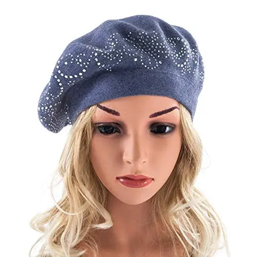 LADYBRO Rhinestone Beret Hats for Women 2 Layers Wool French Knit Cap Lady Winter - 5