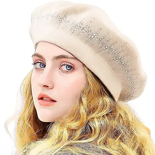 LADYBRO Rhinestone Beret Hats for Women 2 Layers Wool French Knit Cap Lady Winter 