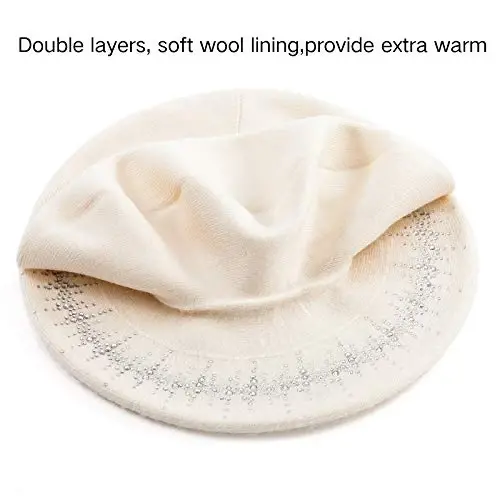 LADYBRO Rhinestone Beret Hats for Women 2 Layers Wool French Knit Cap Lady Winter - 4