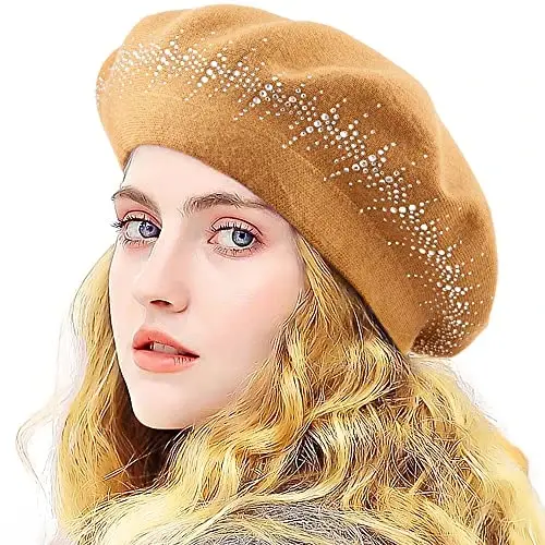 LADYBRO Rhinestone Beret Hats for Women 2 Layers Wool French Knit Cap Lady Winter - 4