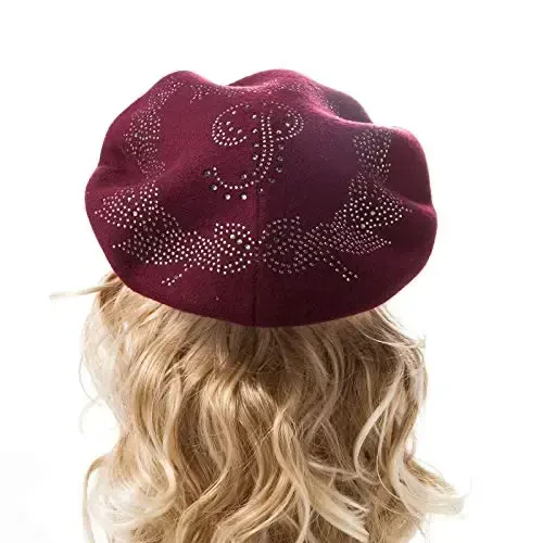 LADYBRO Rhinestone Ayollar uchun Beret Shlyapalar 2 Qavatli Jun Frantsuz Trikotaj Qalpog'i Lady Qish Qora - 4