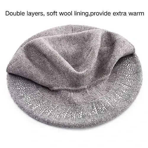 LADYBRO Rhinestone Ayollar uchun Beret Shlyapalar 2 Qavatli Jun Frantsuz Trikotaj Qalpog'i Lady Qish Qora - 3