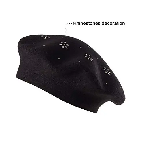 LADYBRO Rhinestone Ayollar uchun Beret Shlyapalar 2 Qavatli Jun Frantsuz Trikotaj Shapka Ayollar Qish Qora - 5
