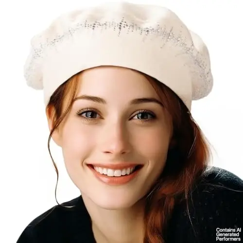LADYBRO Rhinestone Beret Hats for Women 2 Layers Wool French Knit Cap Lady Winter - 2