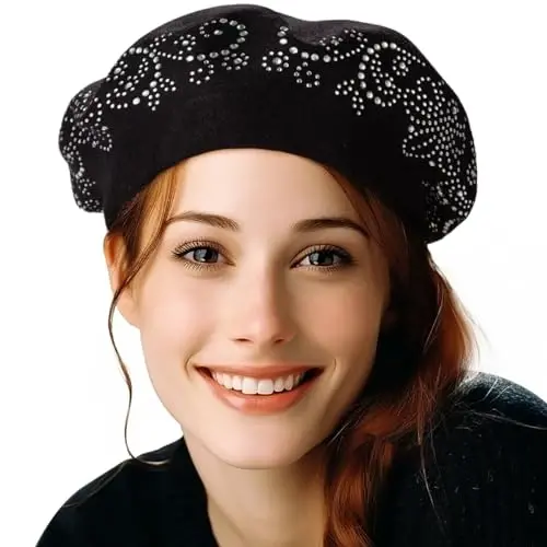LADYBRO Rhinestone Beret Hats for Women 2 Layers Wool French Knit Cap Lady Winter Black - 4